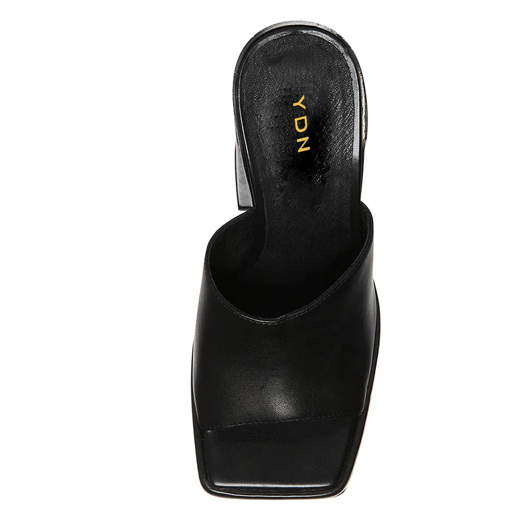 Vegan Leather Square Toe Wide Band Block Heel Black Mules for Women