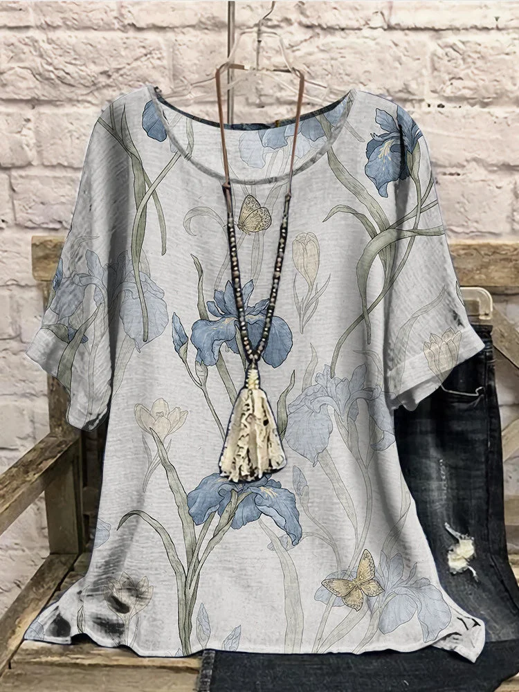 Women Half Sleeve Scoop Neck Floral Printed Colorblock Gray Women Tops