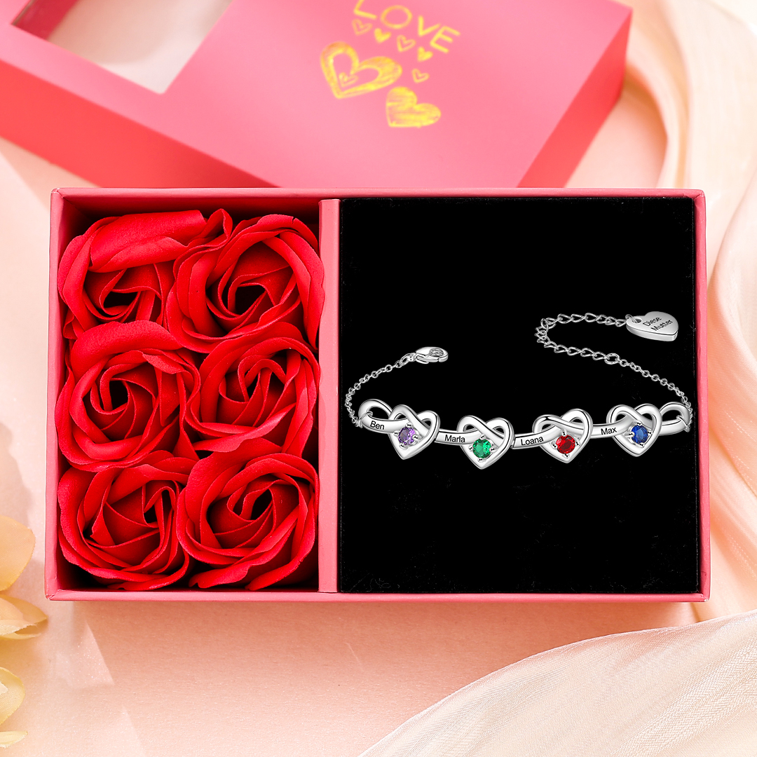 4 Names - Personalized Linked Heart Bracelet Custom 4 Birthstones Engraved Text Bracelets- Mother's Day Gift for Mom/Grandma