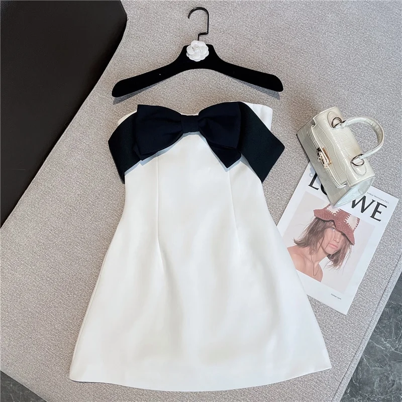 Zingj 2023 Summer New Collection Sleeveless Black Bow Strapless High Waist White Slim Short Dress Women GE647 1109-1