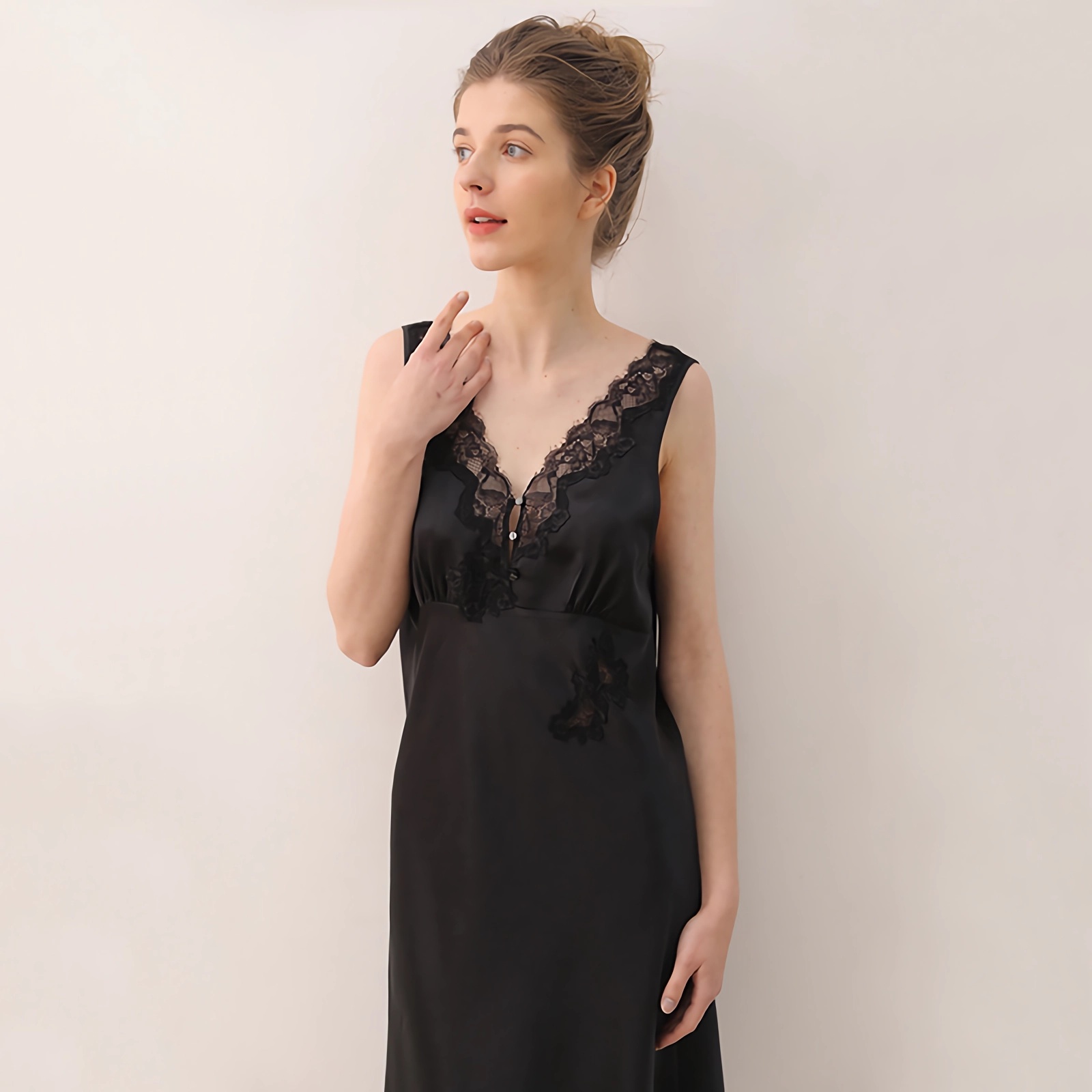 Long Silk Nightgowns Lace V-neck REAL SILK LIFE