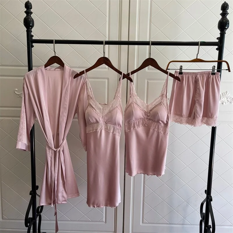 Satin Pajamas Set Female Nightwear Summer Kimono Robe Gown With Breast Pads  Lace Suspender Four Pieces Set Lounge Wear