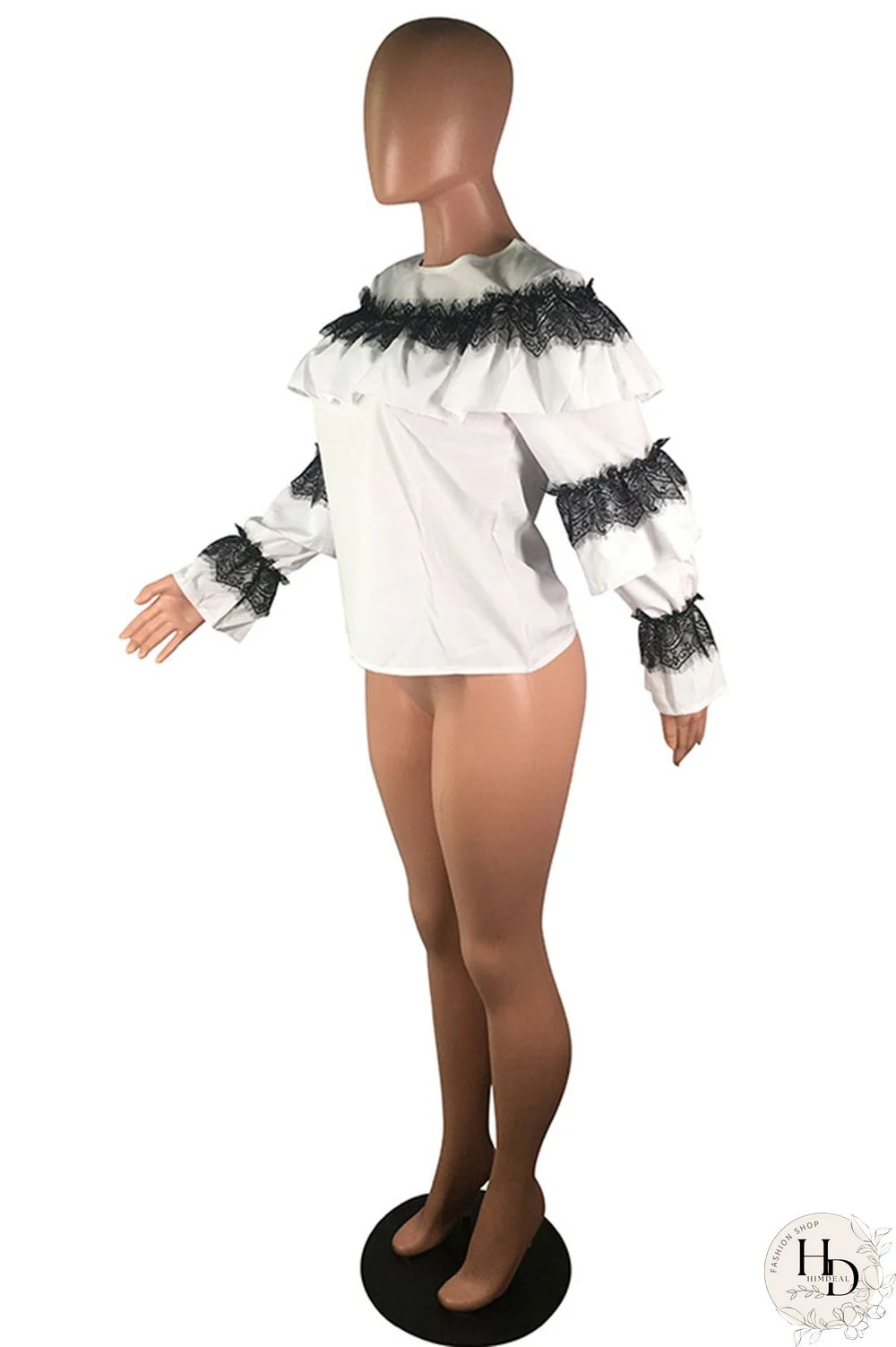 White Polyester O Neck Long Sleeve ruffle Solid Patchwork Tees & T-shirts