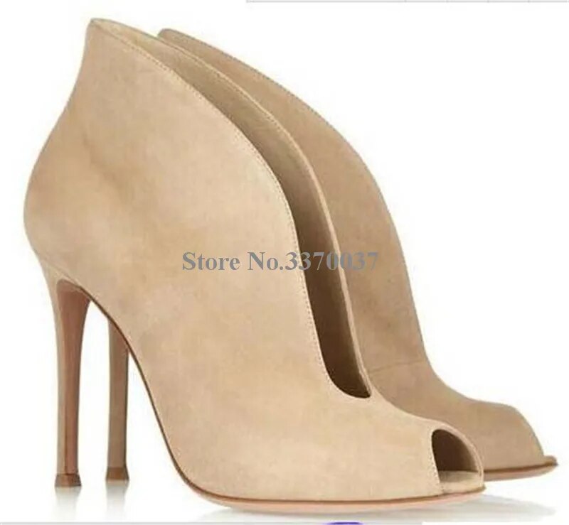 VCSHOES Women Open Toe Suede Leather Short Boots Cut-out High Heel Ankle Booties Red Blue White Black Colors