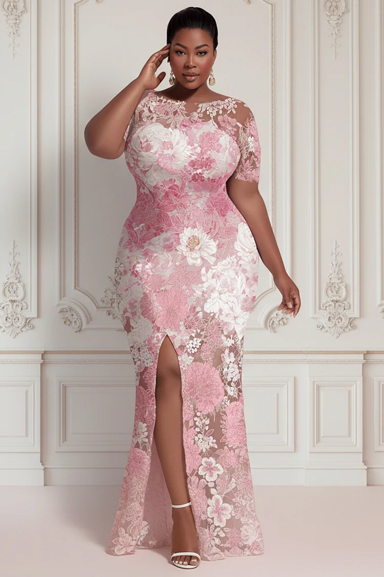 Xpluswear Design Plus Size Formal Elegant Pink Floral Round Neck Short Sleeve Split See Through Maxi Dresses [Pre-Order] 2024 - Xpluswear