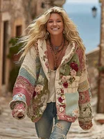 Women's Vintage Patchwork Floral Art Cozy Knitted Zip-up Hoodie