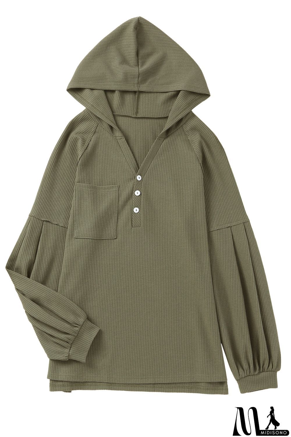 MidiSono - Puff Sleeve Side Slit Buttoned Waffle Knit Hoodie