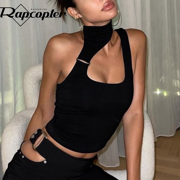Rapcopter Black Corset Top Asymmetrical Metal Crop Top Goth Black Sexy Camis Women Vintage Backless Halter Tee Korean Style Vest