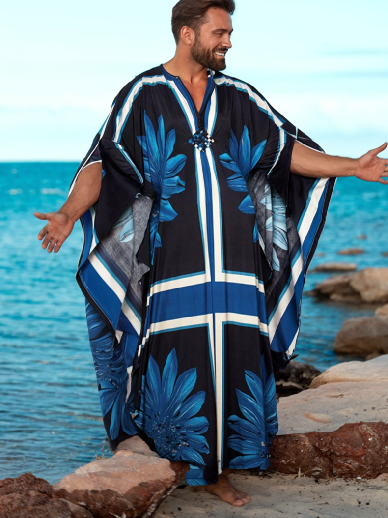 Men's Classic Color V-neck Long Kaftan Caftan