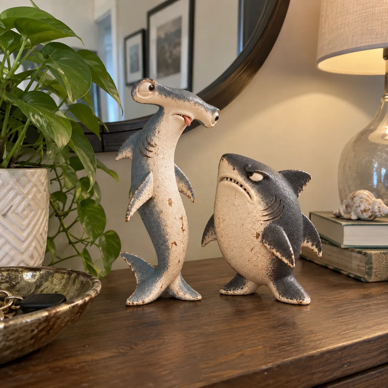 Customer photo of The Odd Shark Duo on a console table