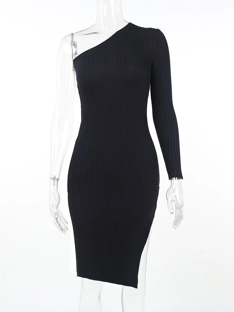 WannaThis One Shoulder Midi Dress Asymmetric Skinny Long Sleeve Autumn 2021 Elegant Streetwear Party Sexy Ribbed Black Dresses