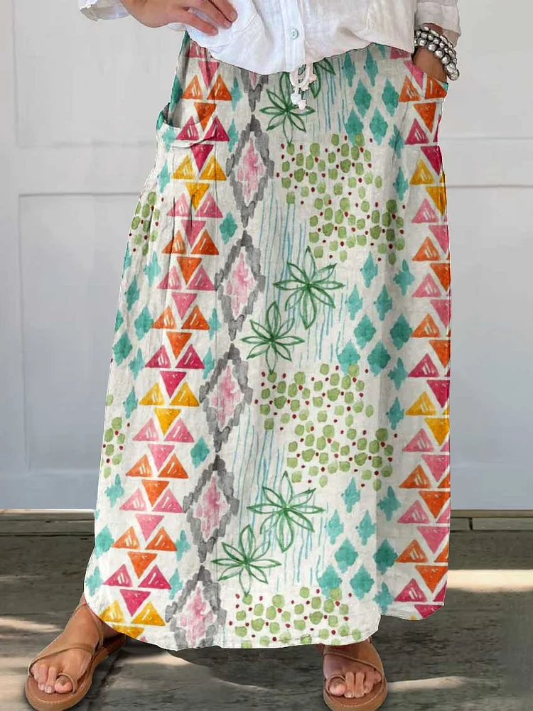 Womens Resort Bohemian Style Cotton and Linen Skirt With Pockets