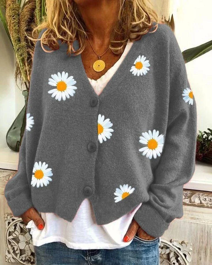 Casual V neck Daisy Cardigan
