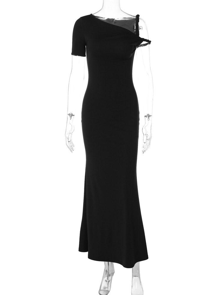 Ootddress Fashion Slim Maxi Dress For Women Diagonal Collar Sleeveless Banquet Long Dress Elegant Solid Color High Waist Summer 2025