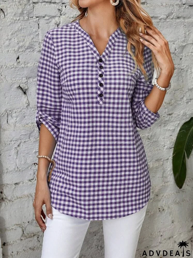 Gingham Print Half Button Roll Tab Sleeve Blouse