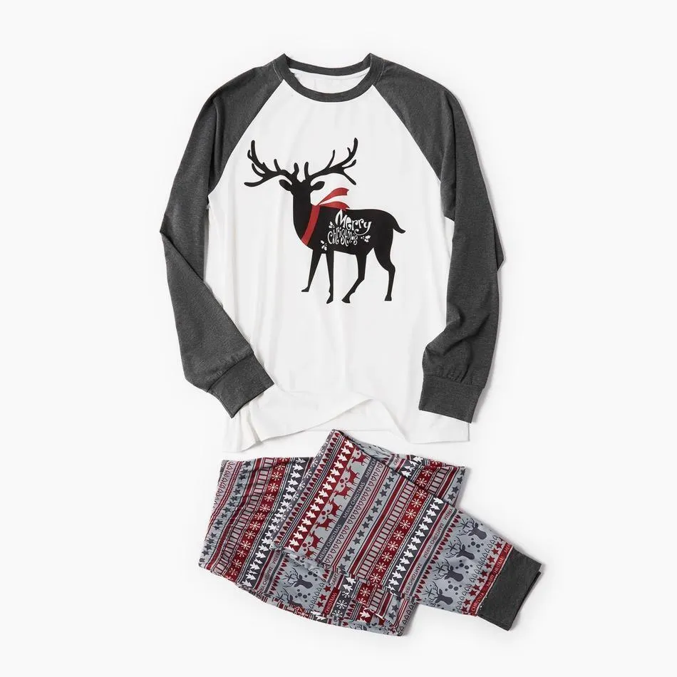 Family Matching Reindeer Top and Christmas Traditional Print Pants Pajamas Set