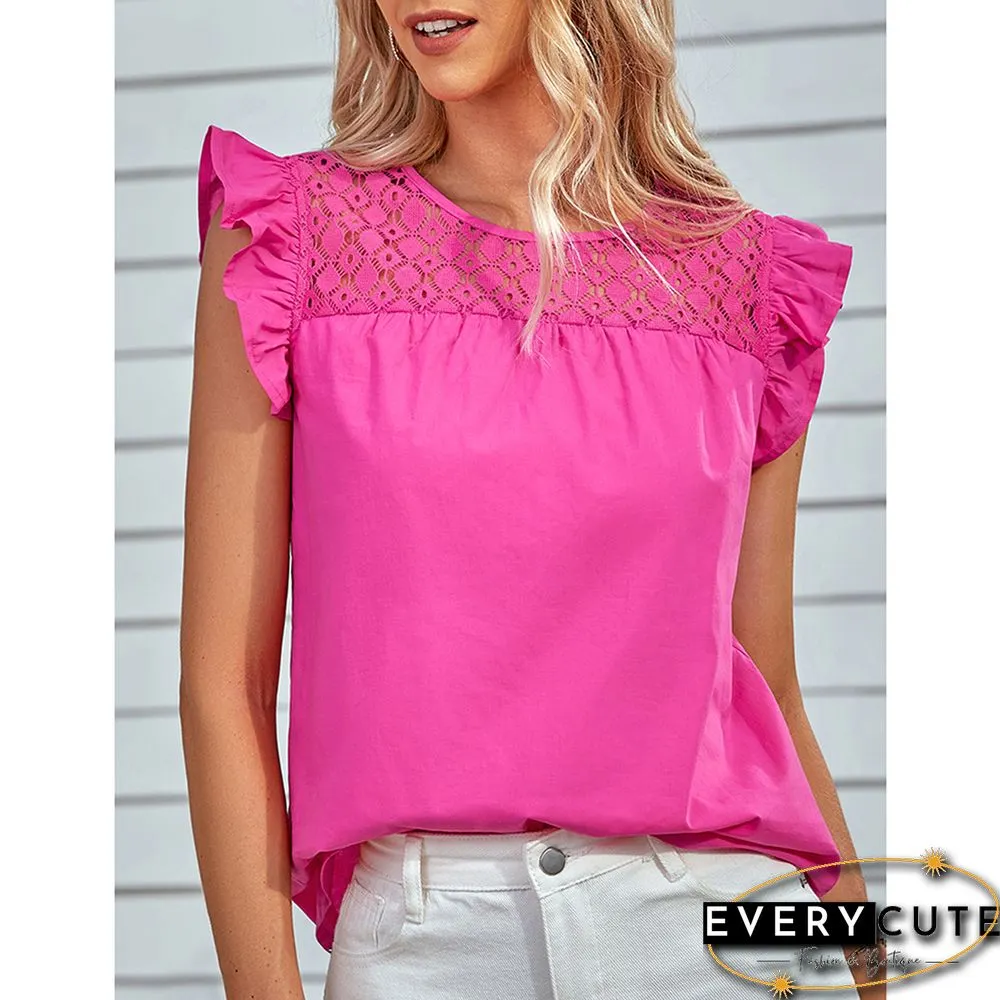 Pink Spliced Lace Neck Ruffled Sleeve Tank Top