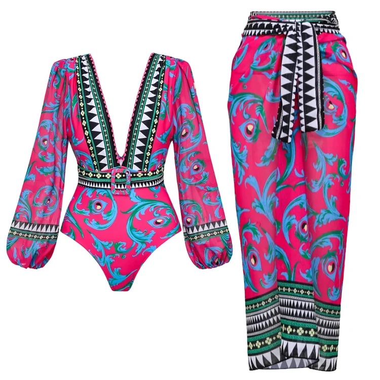 Long-sleeved Peacock Totem Print One Piece Swimsuit and Sarong Flaxmaker
