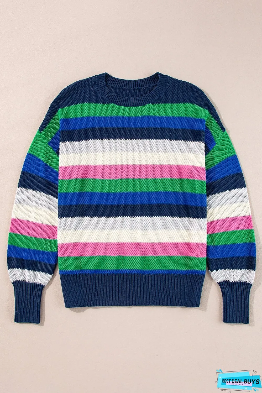 Bright Green Rainbow Striped Crew Neck Drop Shoulder Sweater