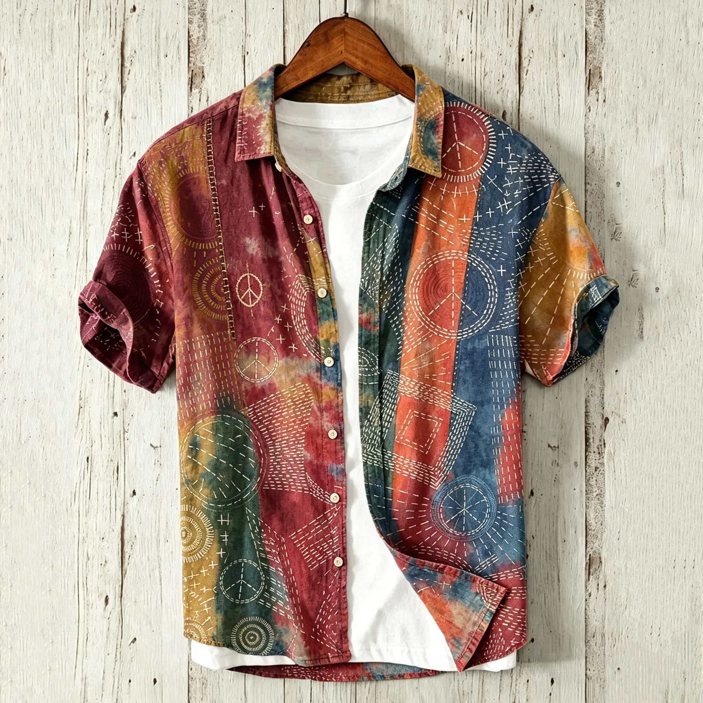Comstylish Men's Hippie Peace Traditional Sashiko Color-blocking Art Linen Blend Shirt