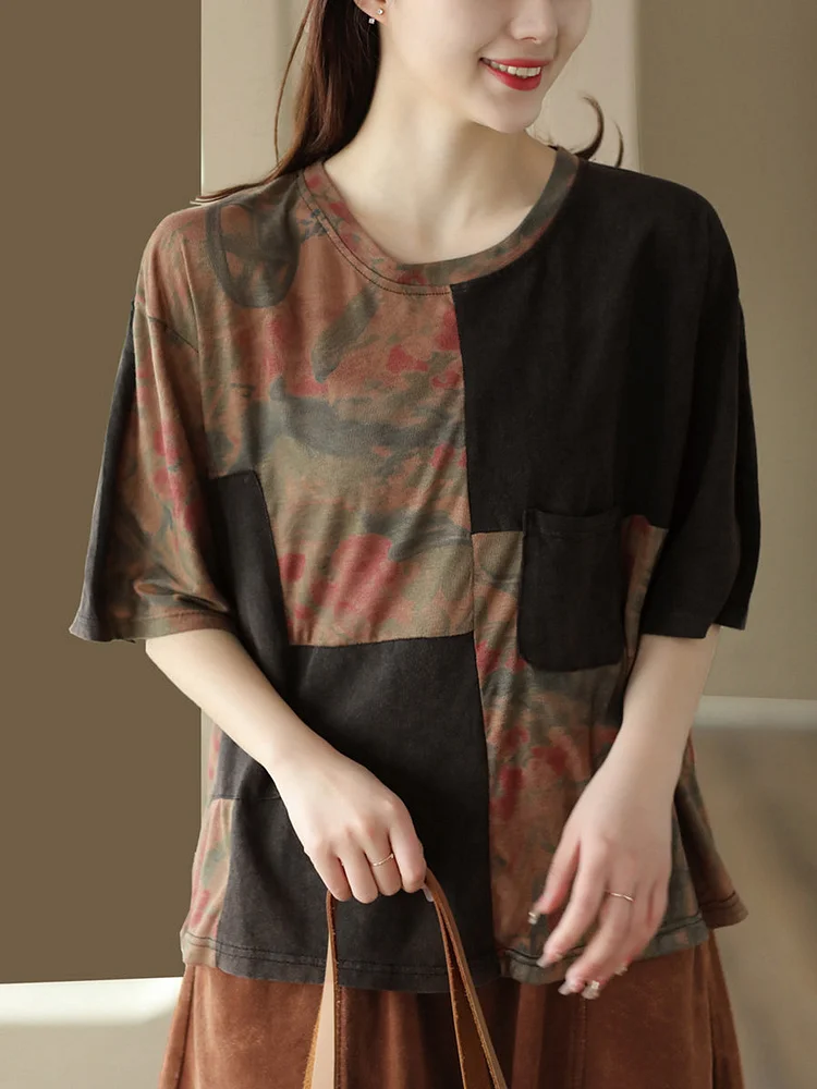 Women Retro Patch Irregular Spliced Pocket Pullover Shirt