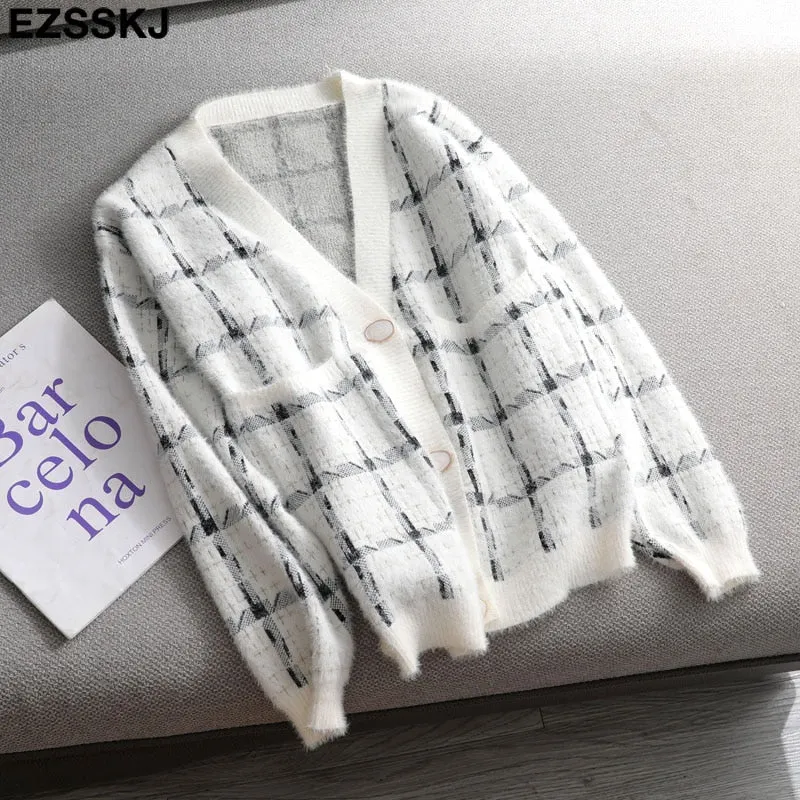 Mink sweater cardigans jacket  women Single-breasted v-neck sweater coat v-neck cardigan jacket coat outwear top