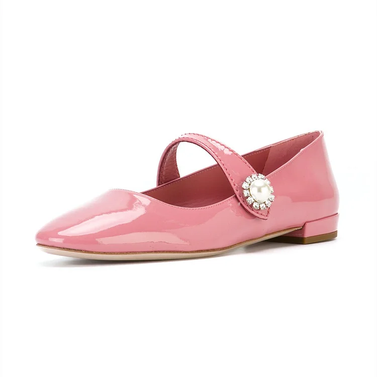 Pink Patent Leather Mary Jane Shoes Square Toe Flats with Rhinestone |FSJ Shoes