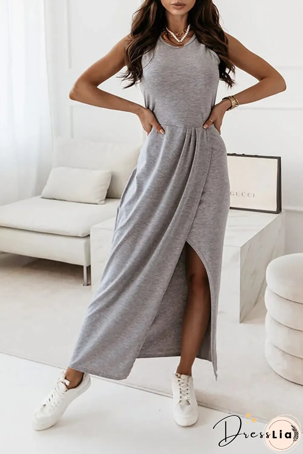 Casual Solid Fold O Neck Irregular Maxi Dresses