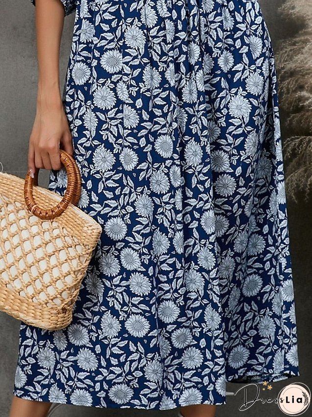 Casual Dress Floral Dress Summer Dress Floral Lace up Print V Neck Midi Dress Fashion Modern Holiday Date Half Sleeve Regular Fit Dark Blue Summer Spring S M L XL for Women