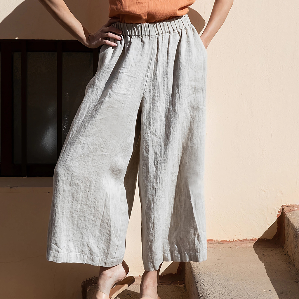 Linen Pants Women 100% Linen Elastic Waist Wide Leg Trousers REAL SILK LIFE