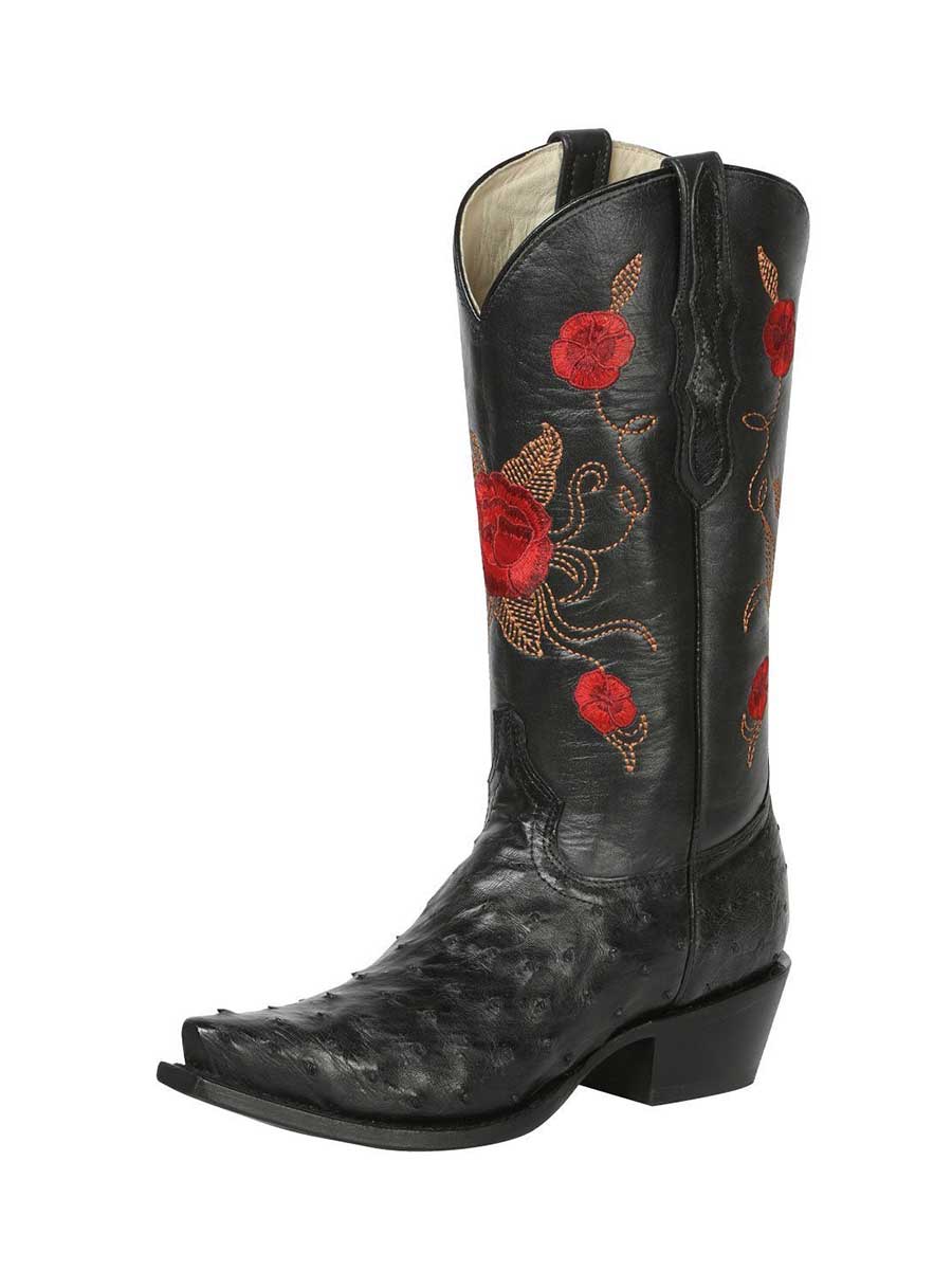 Black Floral Embroidered Ostrich Embossed Snip Toe Cowgirl Boots