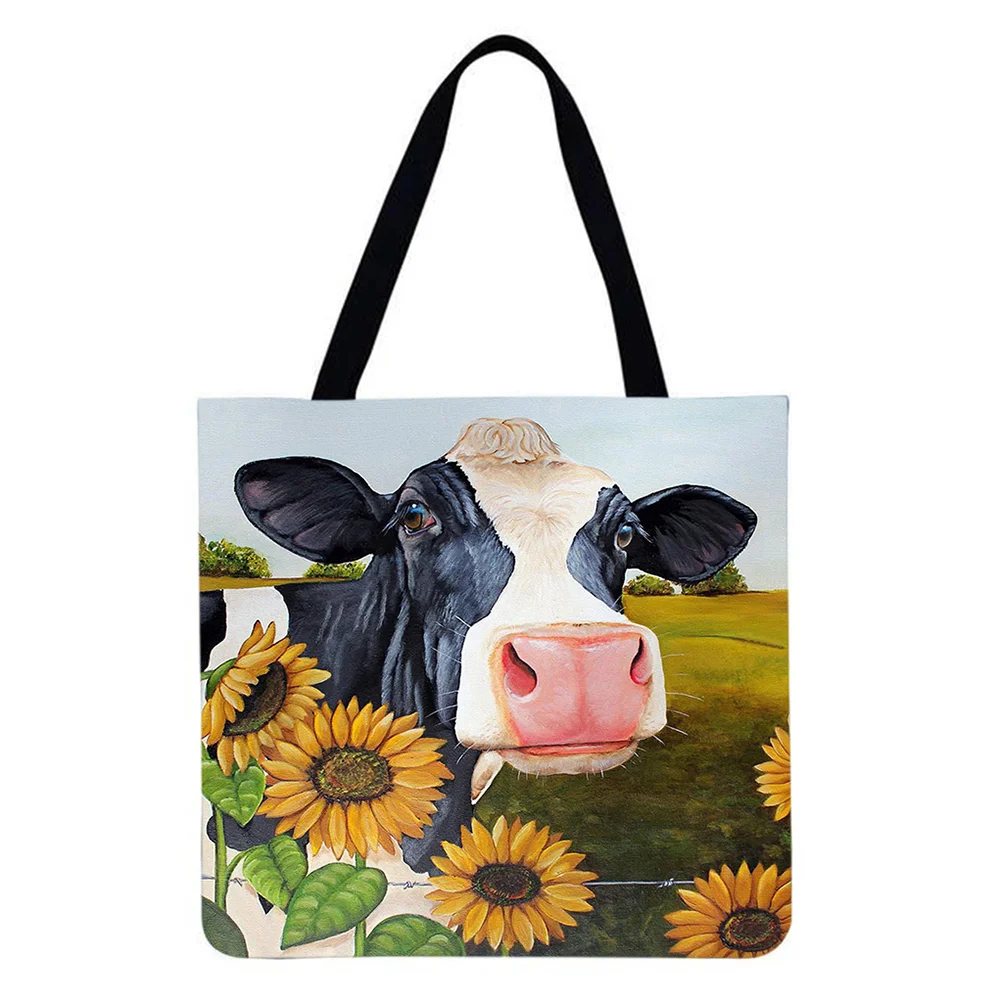 Linen Tote Bag-Sunflower cow