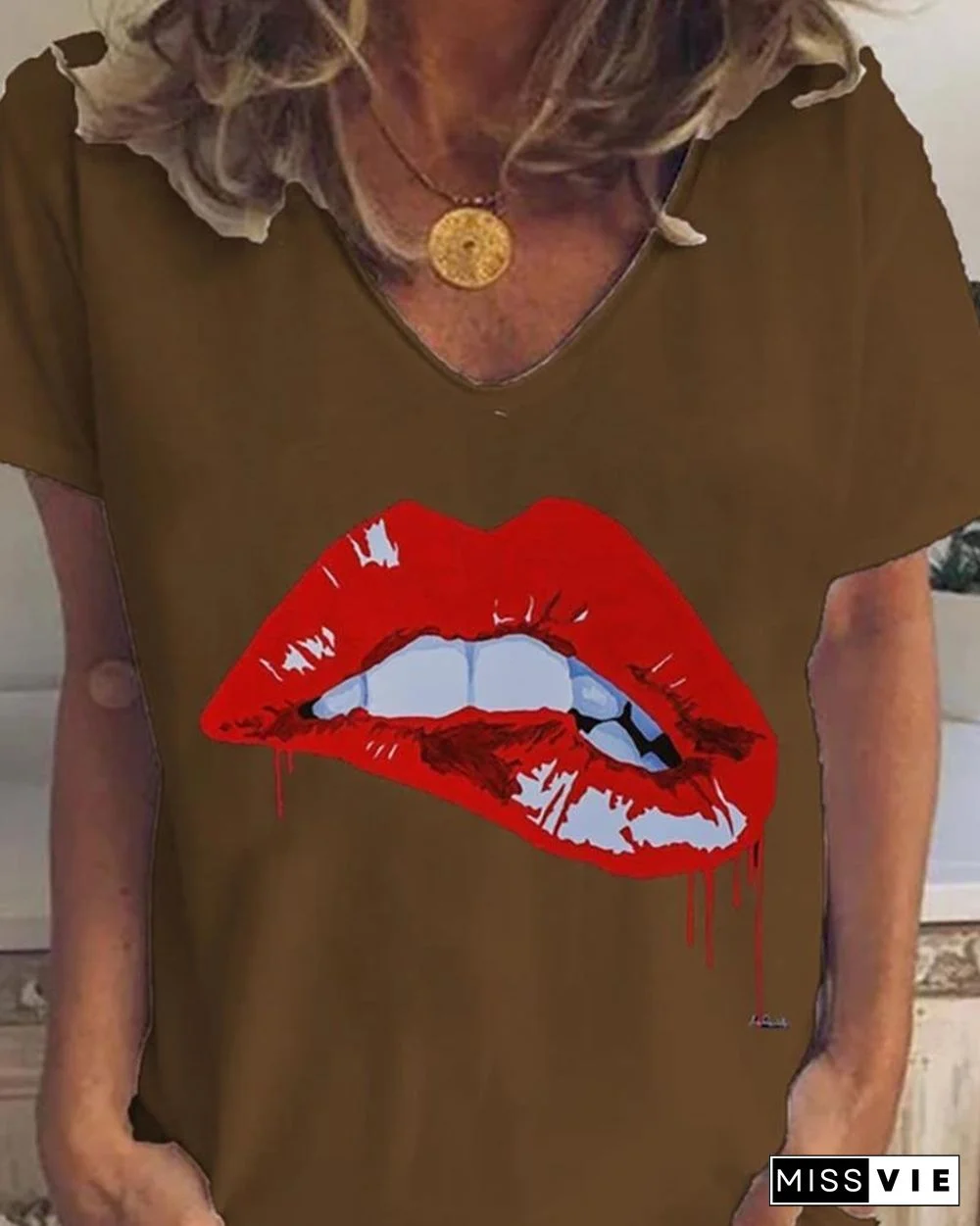 Lip Print V-neck Short Sleeve Casual T-shirt P13288