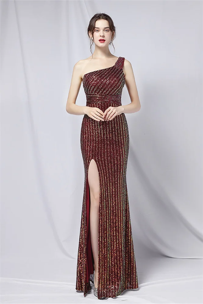 Bellasprom One Shoulder Sequined Evening Dress Long Mermaid With Front Slit YE0099