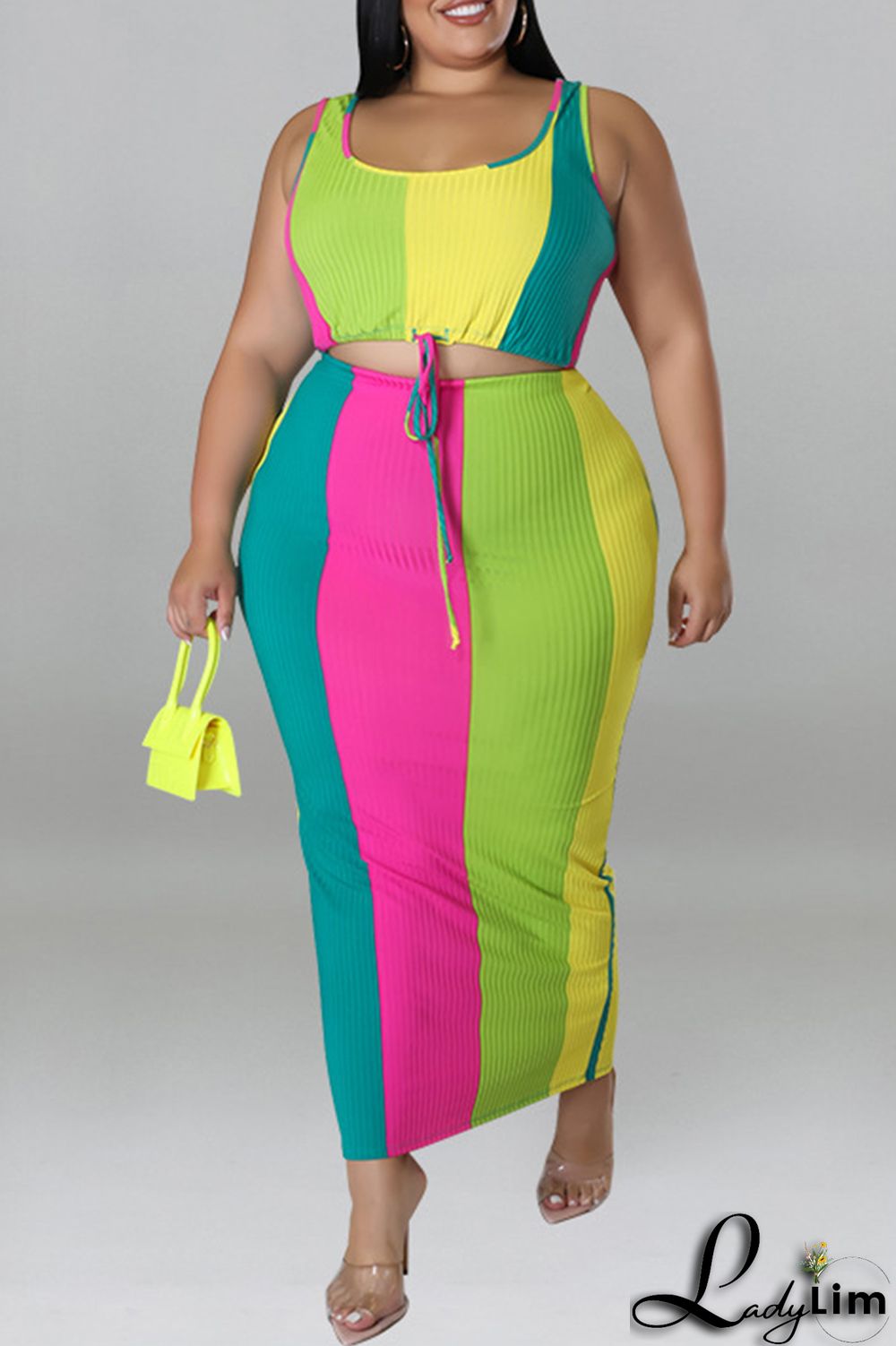 Blue Fashion Casual Striped Print Patchwork Contrast U Neck Plus Size Two Piece Set