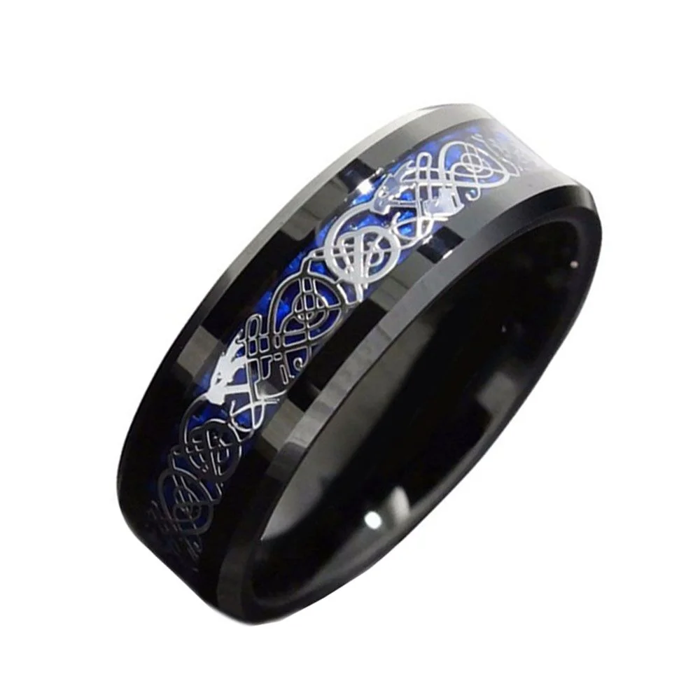 6MM 8MM Black Tungsten Inlay Blue Carbon Fiber Dragon Pattern Wedding Bands