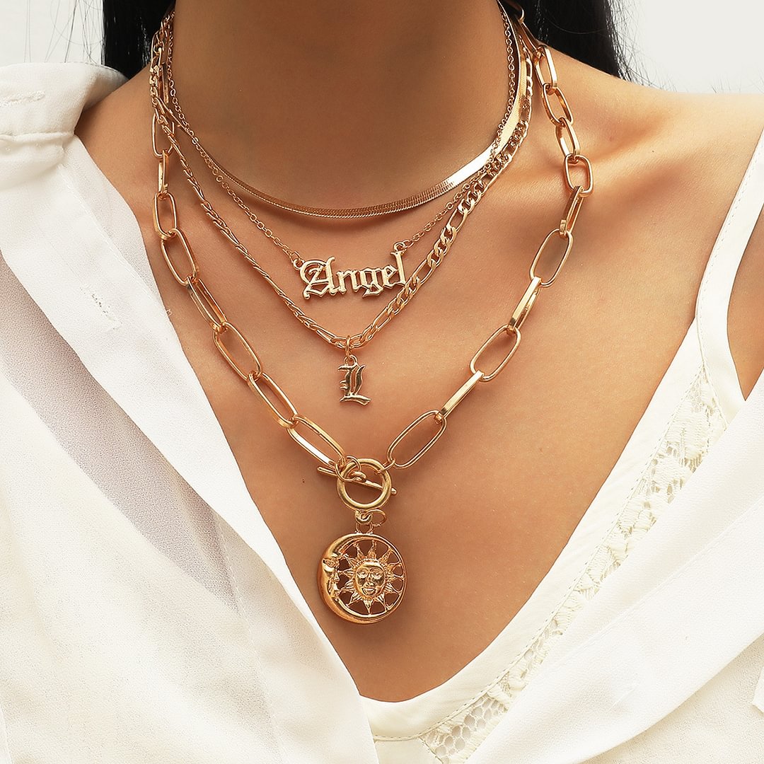 Minnieskull Letter Angel Moon Sun Pendant Multilayer Necklace - Minnieskull