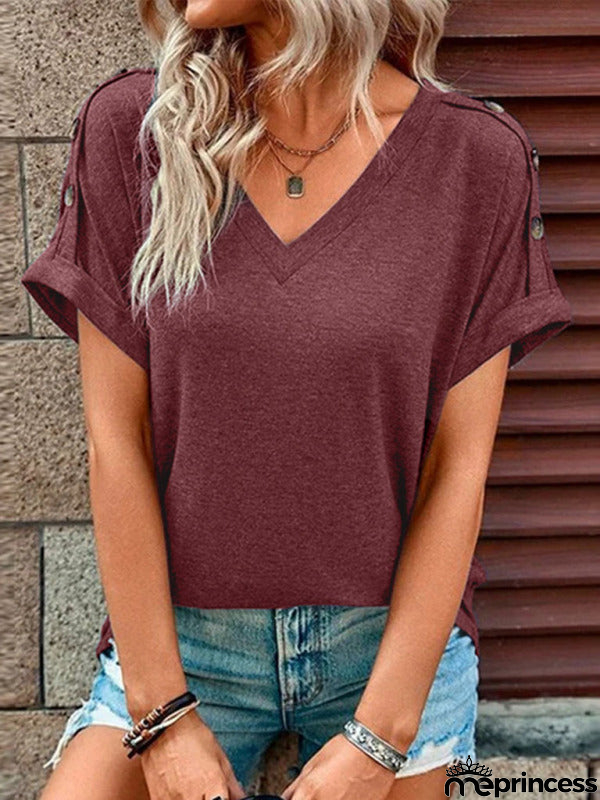 Solid Short Sleeve V-Neck Top with Buttons
