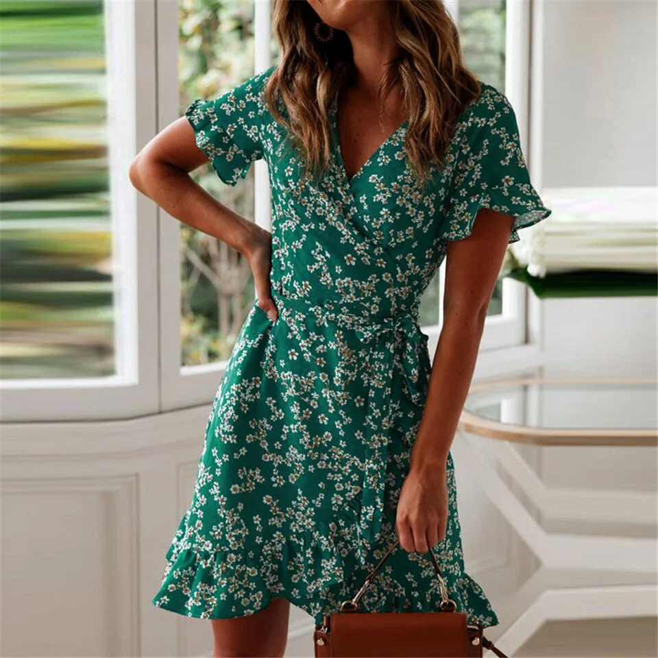 Women Dresses Summer 2021 Sexy V Neck Floral Print Boho Beach Dress Ruffle Short Sleeve A Line Mini Dress Wrap Sundress Robe