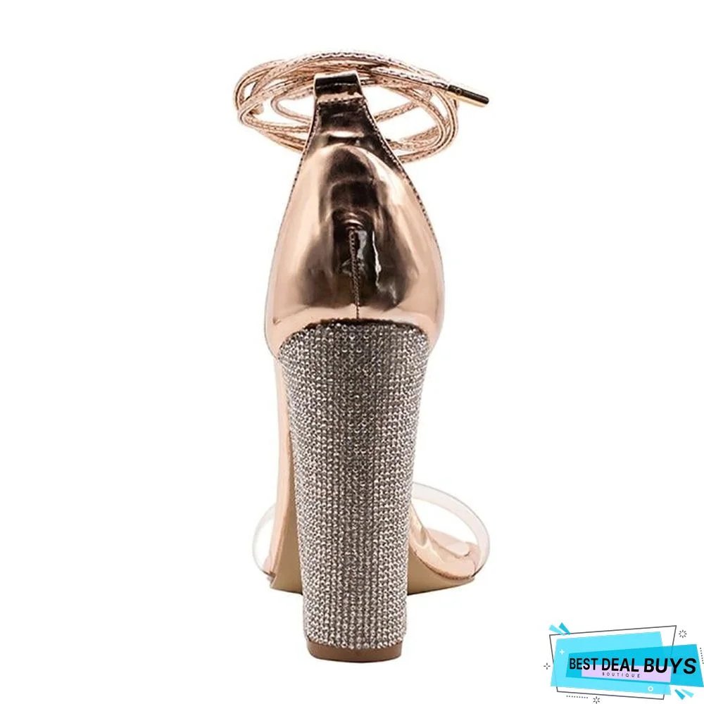 Women Heeled Sandals Bandage Rhinestone Ankle Strap Pumps Square Heels Sandals