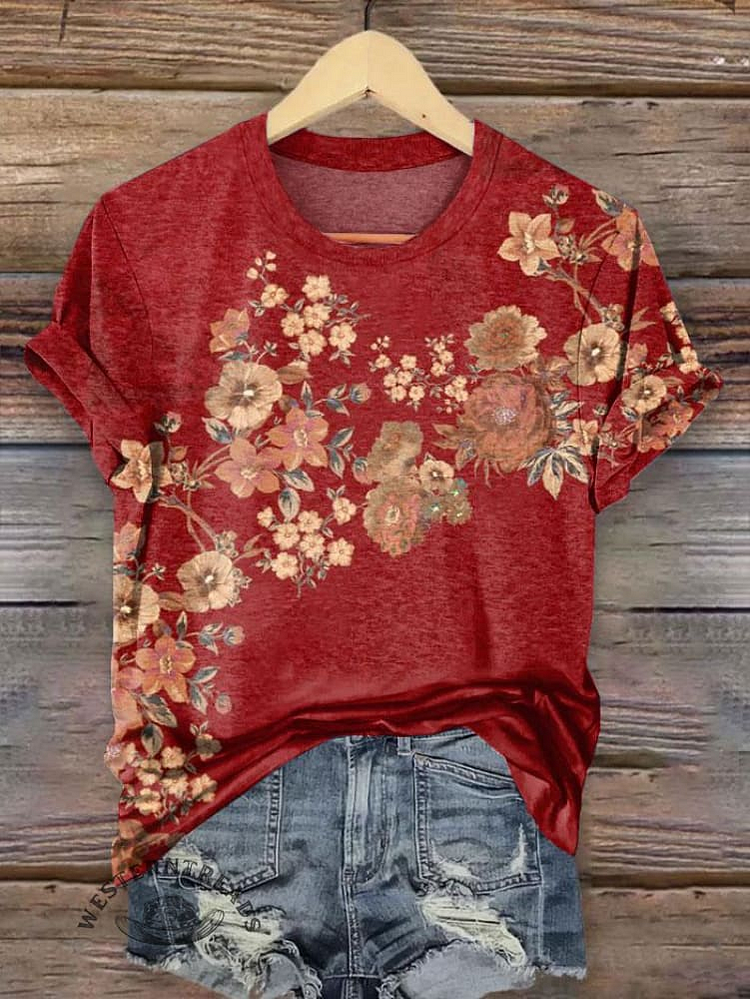 Elegant Retro Floral Pattern Neck-Neck T-Shirt