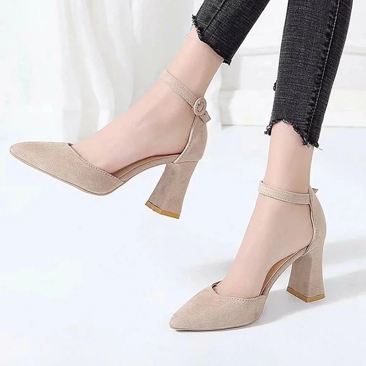 Beige Block Heel Ankle Strap Pumps Vdcoo