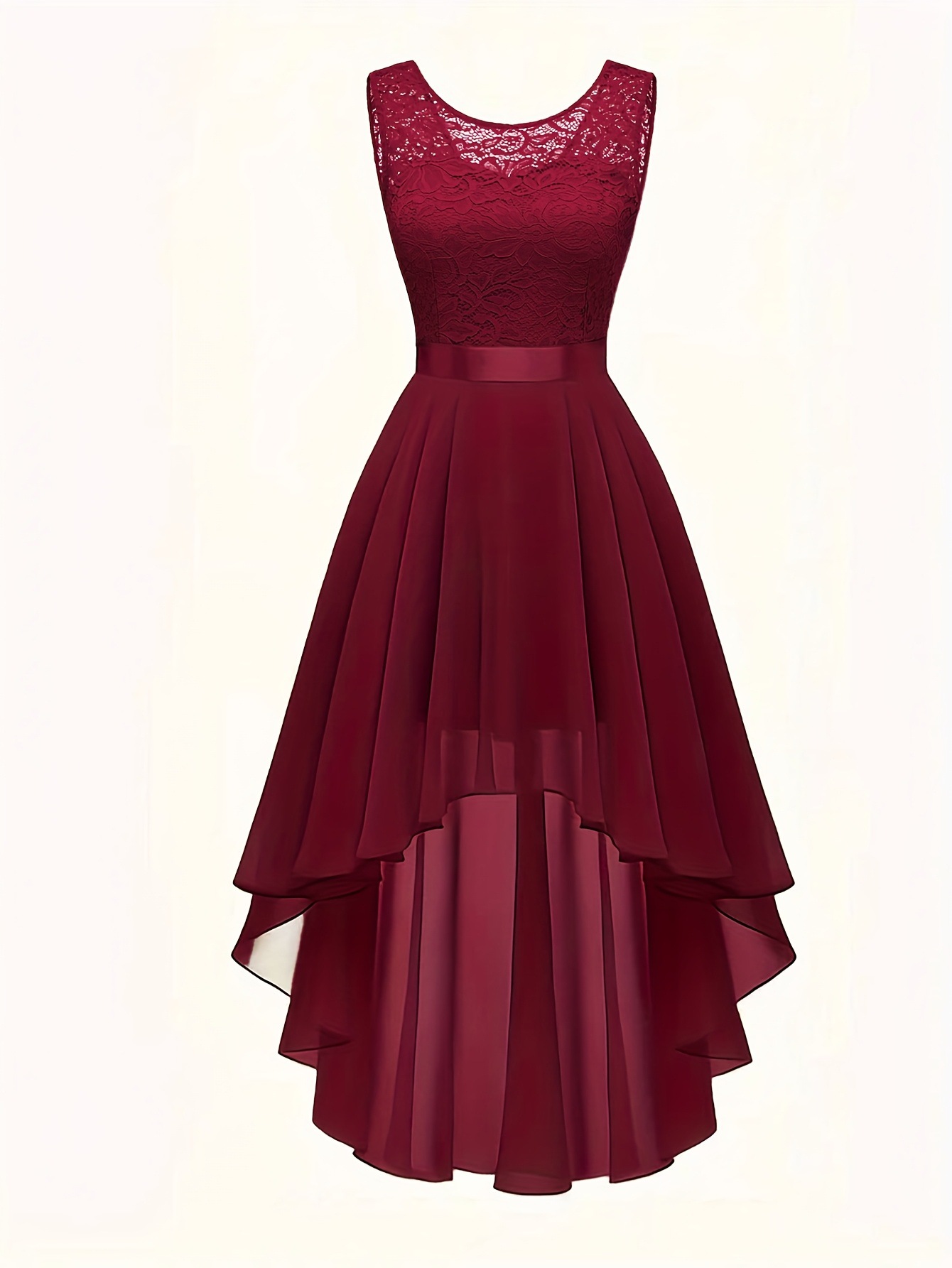 Solid Lace Sleeveless High-Low Party Dress