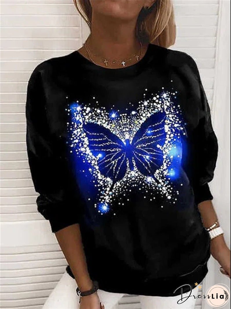 Women's T-Shirts Butterfly Print Round Neck Long Sleeve T-Shirt