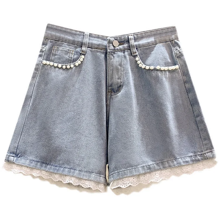 High Waist Pearl Decor Lace Hem Denim Shorts - Modakawa modakawa