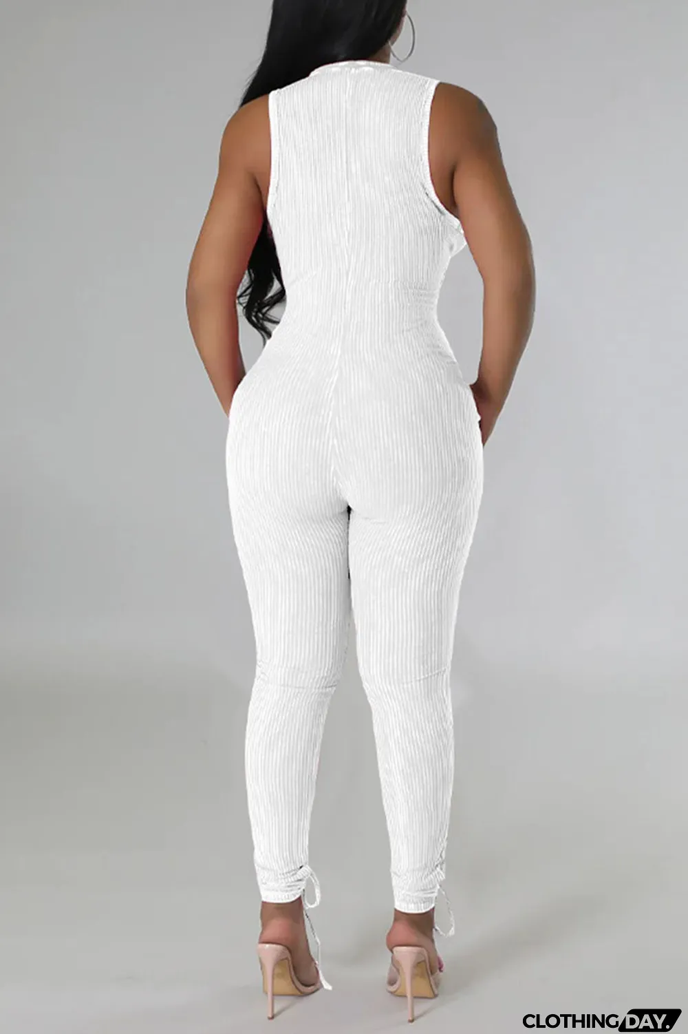 Light Blue Casual Solid Patchwork Stringy Selvedge Zipper Collar Skinny Jumpsuits