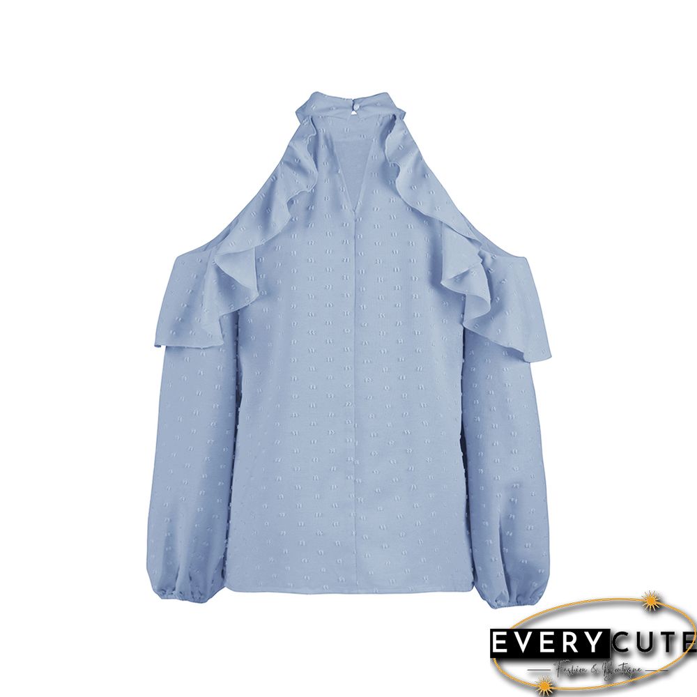 Light Blue Ruffle Cold Shoulder Long Sleeve Tops