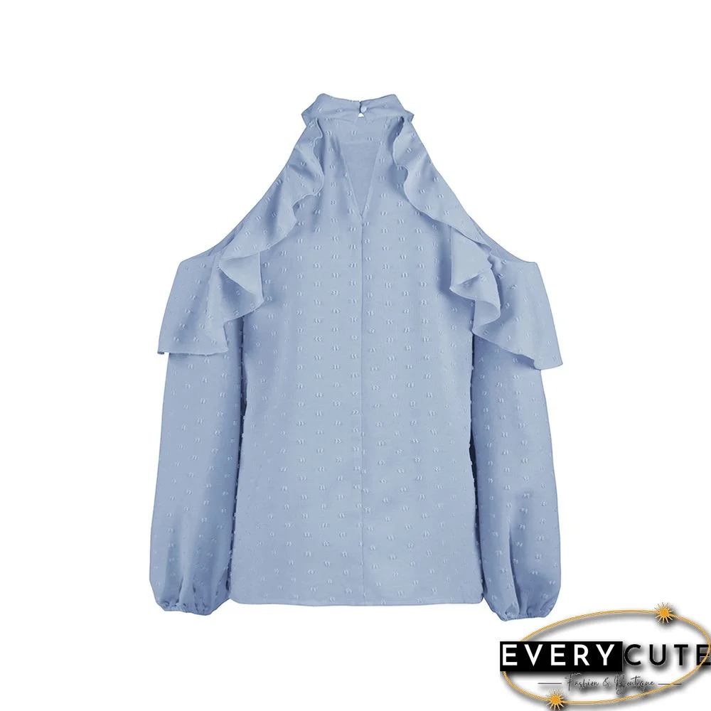 Light Blue Ruffle Cold Shoulder Long Sleeve Tops