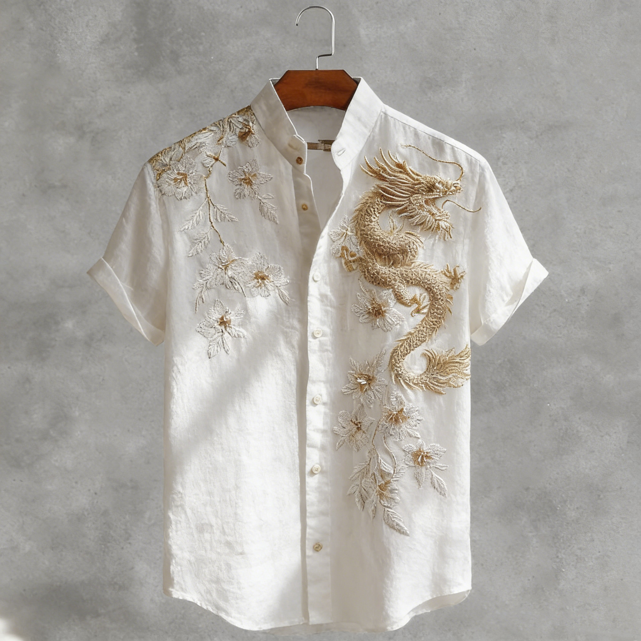 Retro Japanese  Cherry Blossom & Dragon Art Pattern Casual Linen Shirt elevenforest