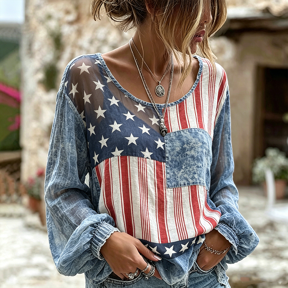 American Flag Element Patch Design Women's Casual Linen Top  1 Westsshops